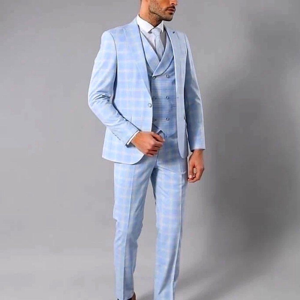 Baby Blue Checked Three Pieces Of Suit 